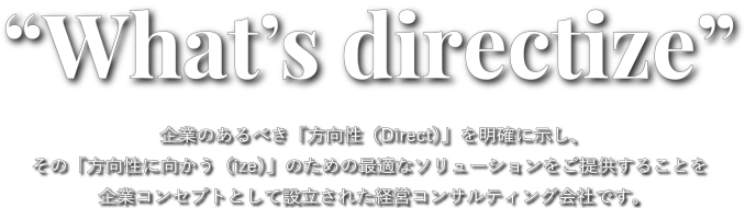 What's directize 企業のあるべき「方向性（Direct）」を明確に示し、その「方向性に向かう（ize）」のための最適なソリューションをご提供することを企業コンセプトとして設立された経営コンサルティング会社です。